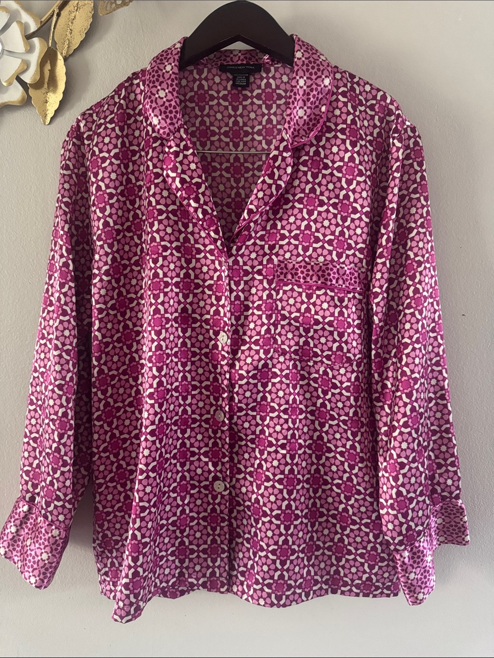 Jones New York Pink Geometric Button-Down Blouse